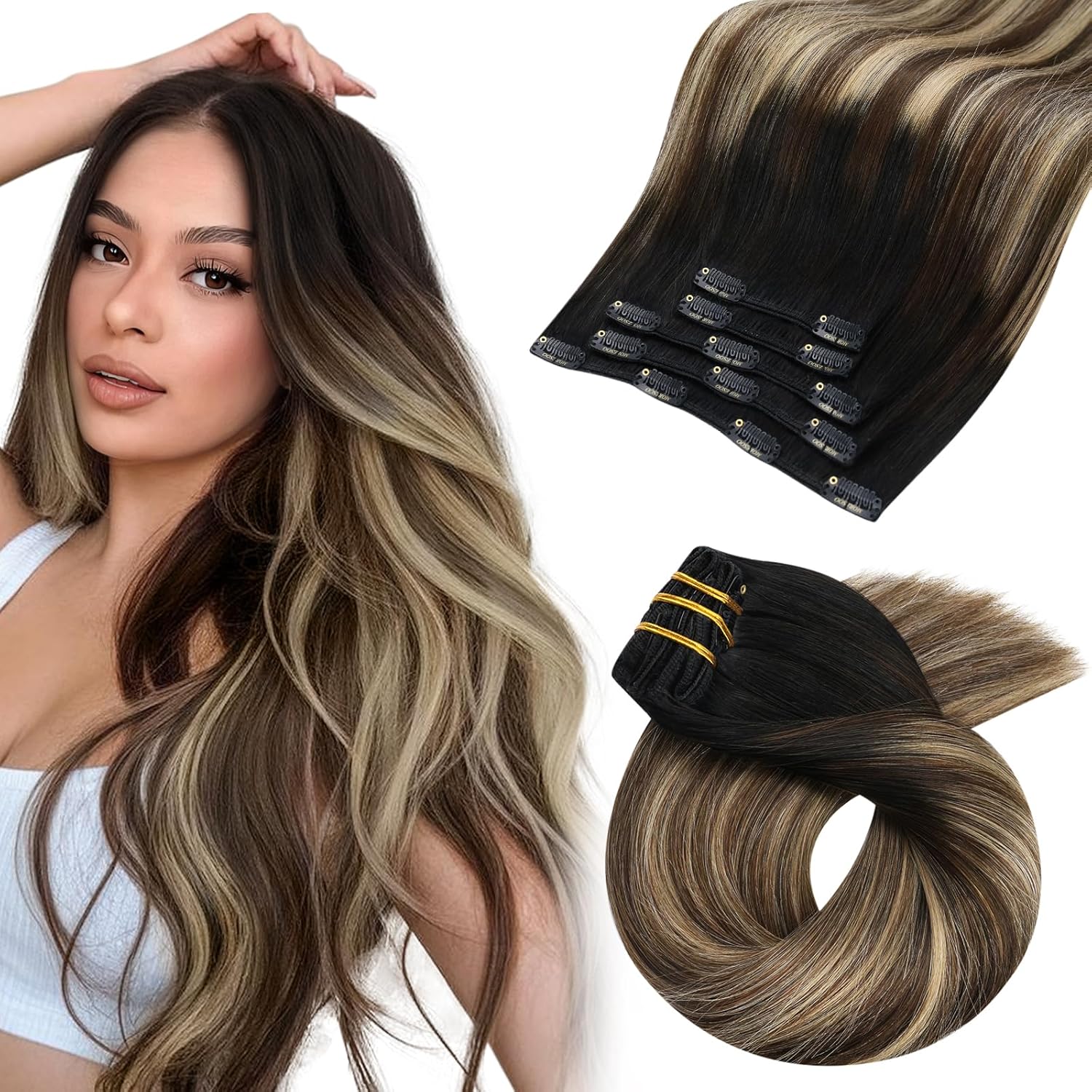 Moresoo Balayage Hair Extensions Clip ins Natural Black to Brown with Honey Blonde Clip in Real Human Hair Ombre Black to Blonde for Women Remy Human Hair Long Full Head 80g/5pcs 18 inch