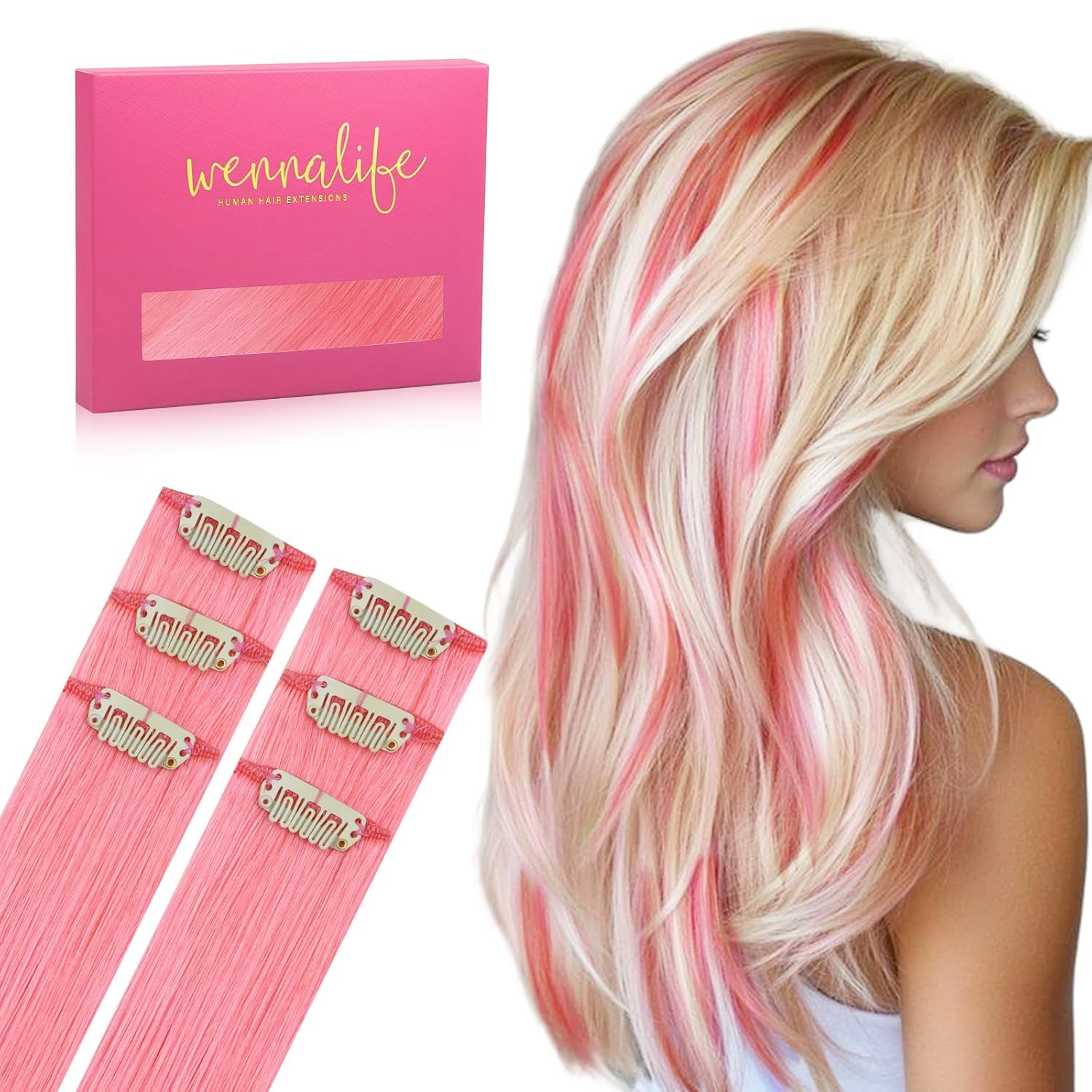 WENNALIFE Peach Pink Clip in Hair Extensions Real Human Hair 35g 6pcs 18 Inch Colored Hair Extensions for Kids Women Colorful Hair Pieces