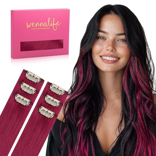 WENNALIFE Burgundy Red Clip in Hair Extensions Real Human Hair 35g 6pcs 24 Inch Colored Hair Extensions for Kids Women Colorful Hair Pieces Pop-up Style Straight Extensiones De Cabello Humano Con Clip