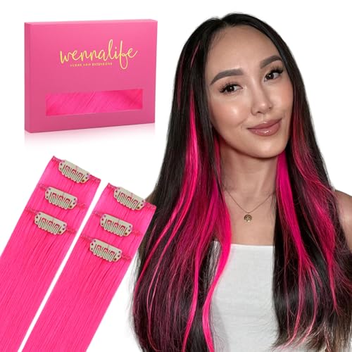 WENNALIFE Hot Pink Clip in Hair Extensions Real Human Hair 35g 6pcs 22 Inch Colored Hair Extensions for Kids Women Colorful Hair Pieces Pop-up Style Straight Extensiones De Cabello Humano Con Clip