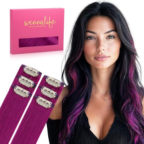 WENNALIFE Violet Clip in Hair Extensions Real Human Hair 35g 6pcs 24 Inch Colored Hair Extensions for Kids Women Colorful Hair Pieces Pop-up Style Straight Extensiones De Cabello Humano Con Clip