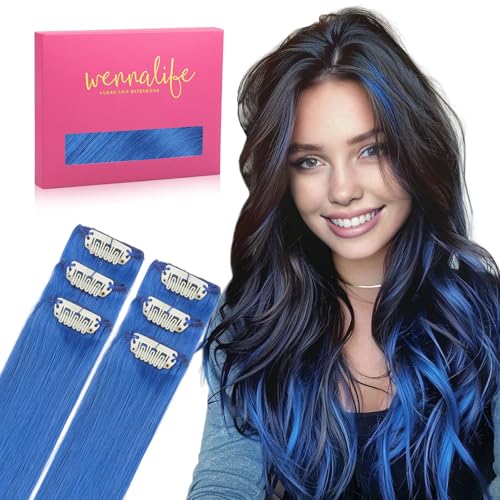 WENNALIFE Blue Clip in Hair Extensions Real Human Hair 35g 6pcs 22 Inch Colored Hair Extensions for Kids Women Colorful Hair Pieces Pop-up Style Straight Extensiones De Cabello Humano Con Clip