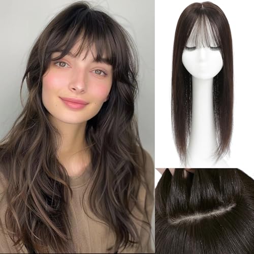 Real Human Hair Toppers for Women - 8x8inch with Bangs, 20inch Skin Scalp Big Base Cover for Thinning Hair or Hair Loss