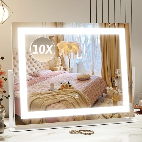 Vanity Mirror with Lights 22"x18", Lighted Makeup Mirror with 10X Magnification, Smart Touch 3 Colors Dimmable, 360 Rotation, Women Gift, Dresser Mount, Bathroom (White)