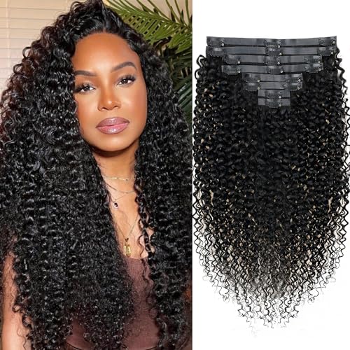 Seamless Kinky Curly Clip in Hair Extensions Real Human hair For Women Brazilian Virgin 3c 4a Curly Clip ins Human Hair Extensions (20inch,#1B)