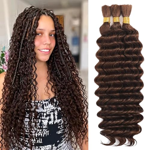 Chocolate Brown Braiding Hair Deep Wave Bulk Human Hair 110g 20 Inch 3 Bundles Brazilian Virgin Curly Human Hair Extensions for Boho Braids Wet and Color 4 Wavy Human Braiding Hair