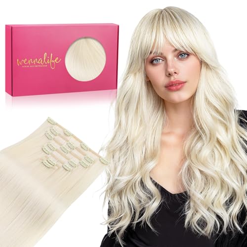 WENNALIFE Clip in Hair Extensions, 20 Inch 120g 7pcs Real Human Hair, White Blonde Remy Hair Extensions Clip Ins Double Weft