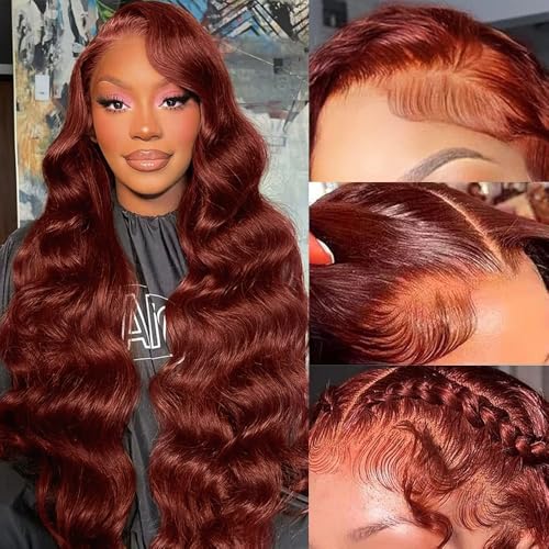 Reddish Brown Lace Front Wigs Pre Plucked 30 Inch 200% Density Body Wave Lace Frontal Wig with Baby Hair, Glueless