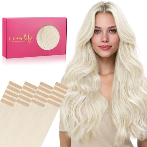 WENNALIFE Tape in Hair Extensions Human Hair, 20pcs 50g 20 inch White Blonde Remy Hair Extensions Straight Human Hair Tape in Extensions Skin Weft Tape Extensions Human Hair