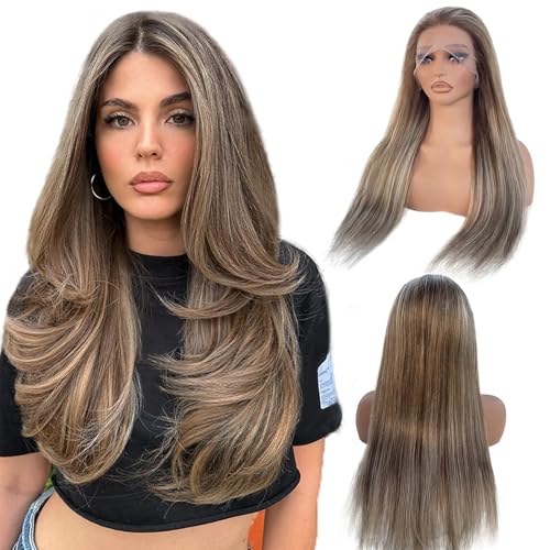 13x4 Glueless Lace Front Wigs Human Hair for White Women, 180% Density Real Pre Bleached Tiny Knots Highlight Lace Front Wig 100% Human Hair Brown Mixed Blonde HD Lace Front Wig Natural Hairline 28in