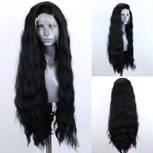 ELESTY 13 * 4 Long Wavy Black Hair Synthetic Lace Front Wigs for Women Loose Curly Natural Hairline Heat Resistant Fiber Lace Front Wigs Water Wave Free Part Glueless Wigs Cosplay Dairly Use 24Inch
