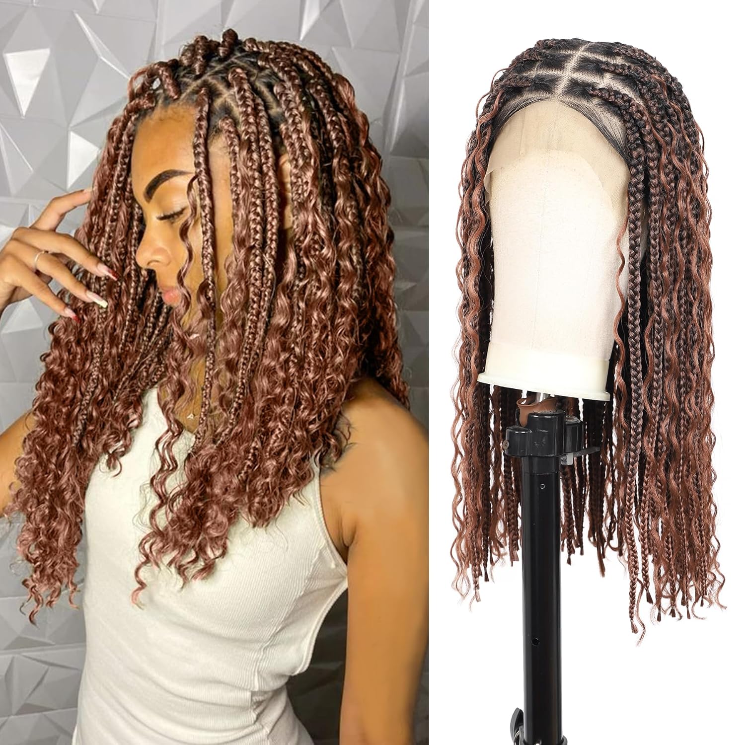 Brinbea 18'' 13x8'' HD Lace Short Braided Wigs for Women Knotless Boho Braided Wigs with Baby Hair Premium Synthetic Box Braid Wig Brown