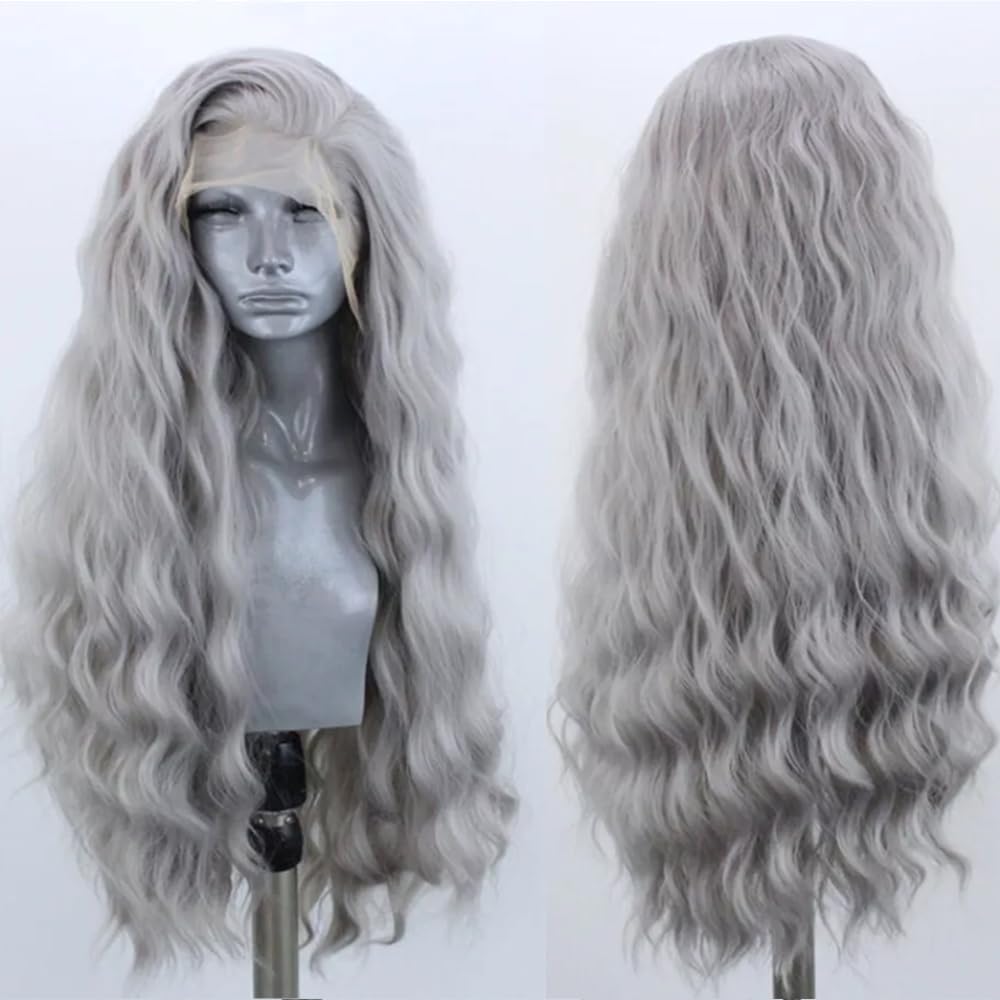 ELESTY Long Wavy Grey Lace Front Wig