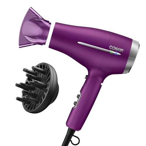 Conair Hair Dryer, Worldwide Travel Hair Dryer with Smart Voltage Technology and Folding Handle, Includes Diffuser and Concentrator, Purple