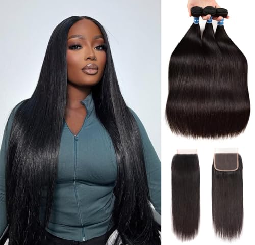 Brazilian Virgin Straight Hair Bundles with Closure Bundles with 4x4 Lace Closure 100% Unprocessed Brazilian Virgin Human Hair with Lace Closure Free Part Hair Extensions Natural Black (16 18 20+14)