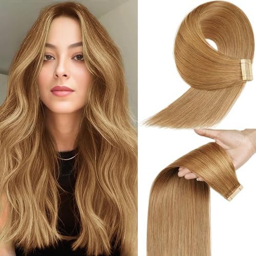 YDDM Honey Blonde Tape in Hair Extensions Human Hair, 16 Inch 20pcs Straight Seamless Invisible Tape in Real Human Hair Extensions for Women(27#, 16 Inch)