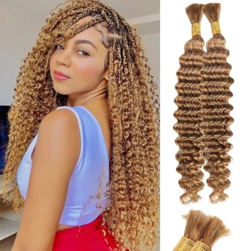 Boho Braids Bulk Blonde Human Hair Extensions - 16 Inch Deep Water Wave, 100g, 27 Curly, No Weft, 2 Braids Per Pack, Wet and Wavy
