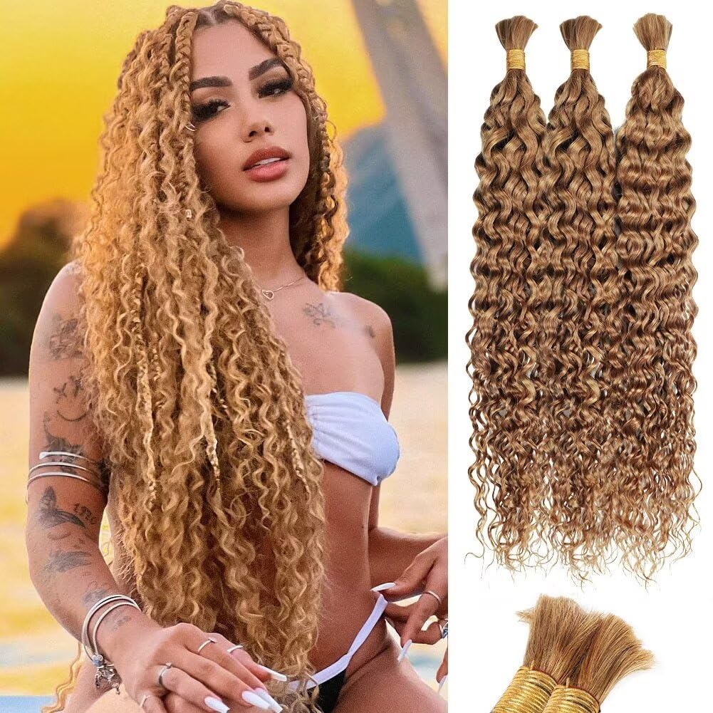 Blonde Water Wave Bulk Human Hair for Boho Braids - 150g, 20 Inch, Color 27 - Curly Extensions No Weft, 3 Braids Per Pack - Wet and Wavy Braiding Hair