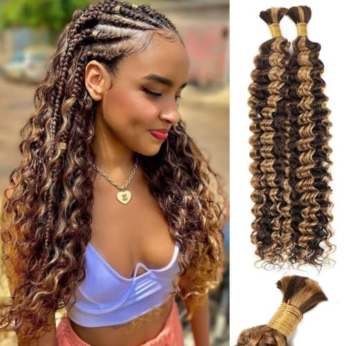 Ombre Human Braiding Hair Deep Water Wave Bulk 100g 22 Inch P4/27 Curly for Boho Braids Extensions No Weft 2 Braids Per Pack Wet and Wavy Highlight