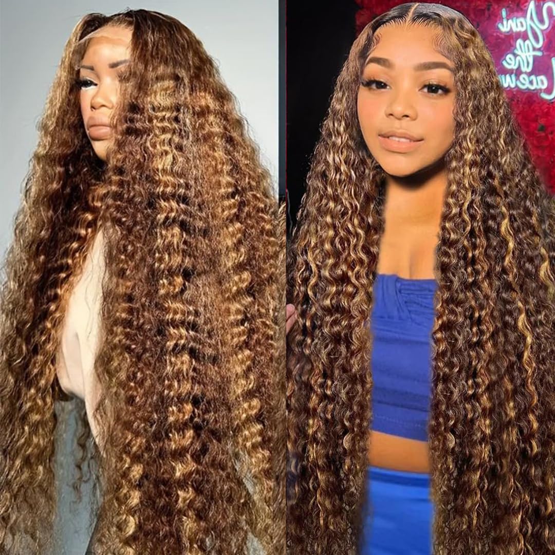 Ombre Lace Front Wig Human Hair Highlight Deep Wave 5x5 Hd Lace Closure Wigs Human Hair 4/27 Colored Glueless Honey Blonde Wig Human Hair Pre Plucked Wet Wavy Curly Wig 180 Density 24 Inch