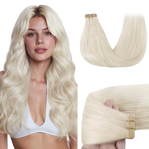 GOO GOO Tape in Hair Extensions Human Hair, 1000 Pure Platinum Blonde, 18inch 50g 20pcs, Skin Weft Seamless Invisible, Silky Straight with Thick Ends, Remy Human Hair