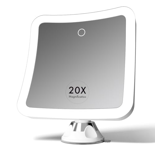 Fancii 20x Magnifying Makeup Mirror with LED Lights, Rechargeable, High Zoom | 7-inch Large Lighted Travel Mirror for Vanity and Bathroom, Dimmable, 3 Light Settings, Strong Suction, 360 Rotation
