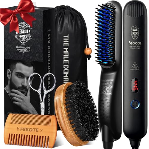 Innovation Beard&Hair Straightener for Men w/Natural Boar Bristle Brush, Pear Wood Comb, Mustache Scissors and Travel Bag, Professional Beard Care Set for Him, Men's Fashion and Grooming Gifts