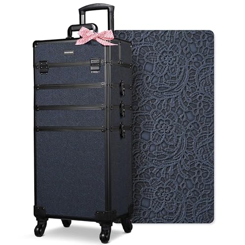 BYOOTIQUE 4in1 Professional Makeup Train Case Organizer on Wheels Cosmetology Rolling Travel Storage Nail Tech Cart Hairdressing Brush Bags Tattoo Box for Beauty Salon, Rococo Midnight