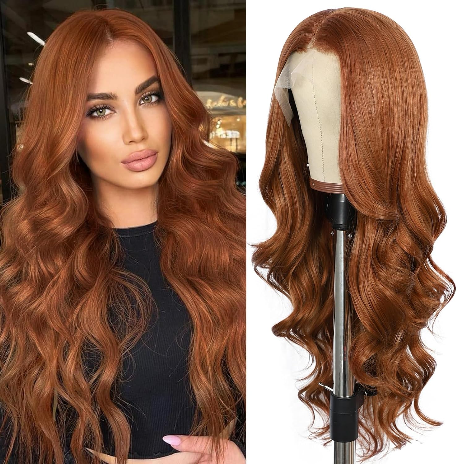SAPPHIREWIGS Ginger Wavy 13x4 Synthetic Lace Front Wigs for Women Glueless Body Wave Orange Wig Heat Resistant Hair for Daily Cosplay Halloween Use 26 Inch