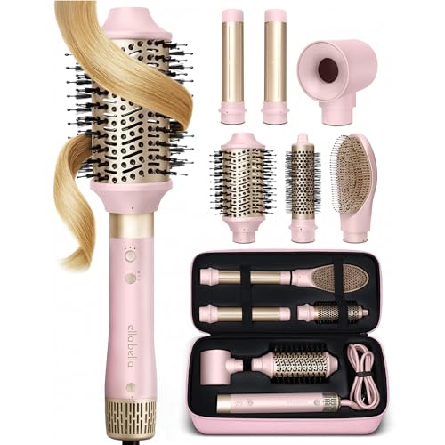 ELLA BELLA 6 in 1 Professional Hot Air Styler  Powerful Hair Dryer & Straightener Set  Styling Without Heat Damage  Fast Drying Curling Volumizing Straightening  Protective Travel Case (Pink)