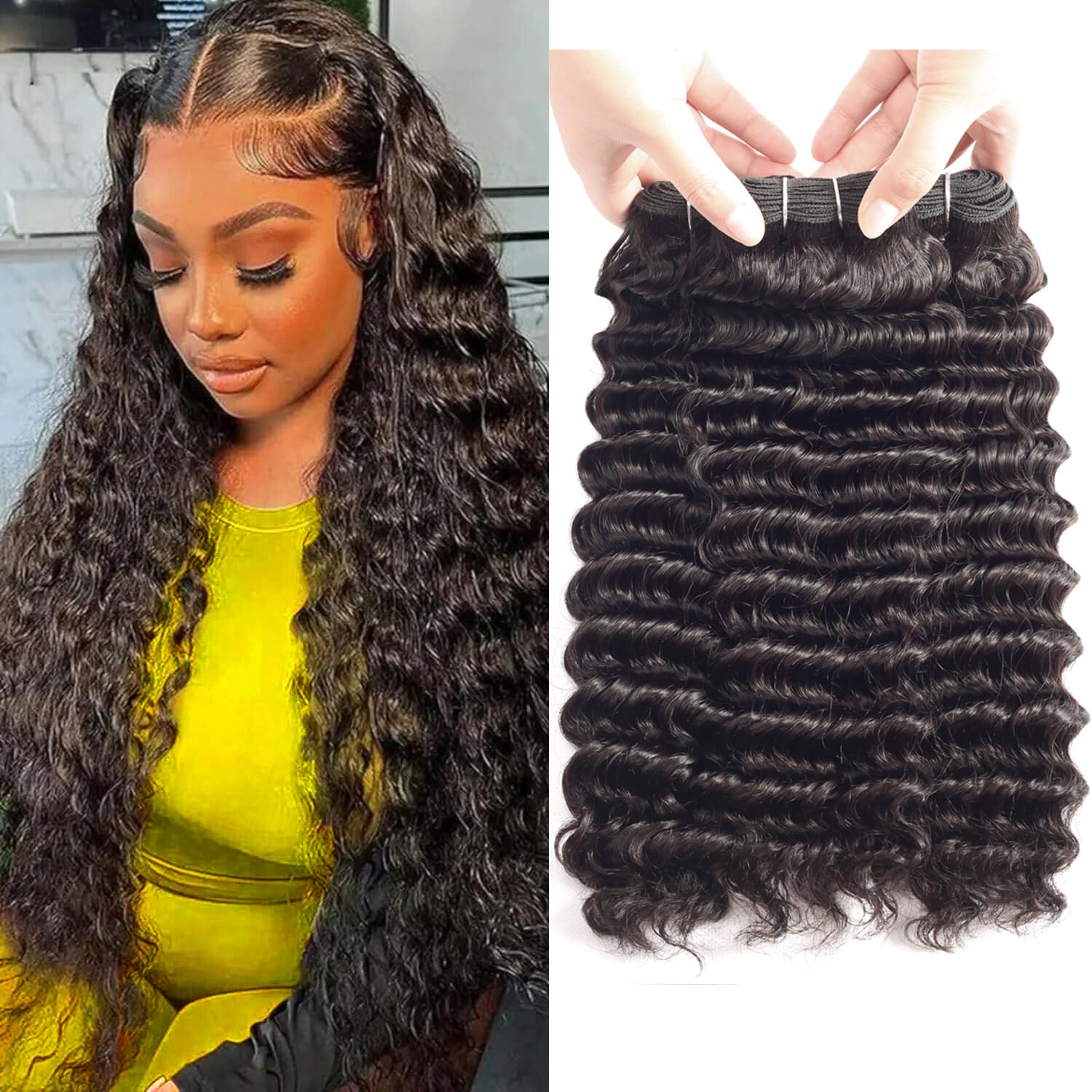 Deep Wave Human Hair Bundles 12 14 16 Inch 100% Unprocessed Short Brazilian Curly Bundles Human Hair Natural Black Color for Women