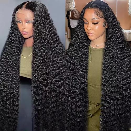 13x6 Deep Wave Lace Front Wigs Human Hair Wigs for Women 200 Density HD Transparent Deep Curly Lace Frontal Wigs Human Hair Pre Plucked with Baby Hair Natural Color 32 Inch