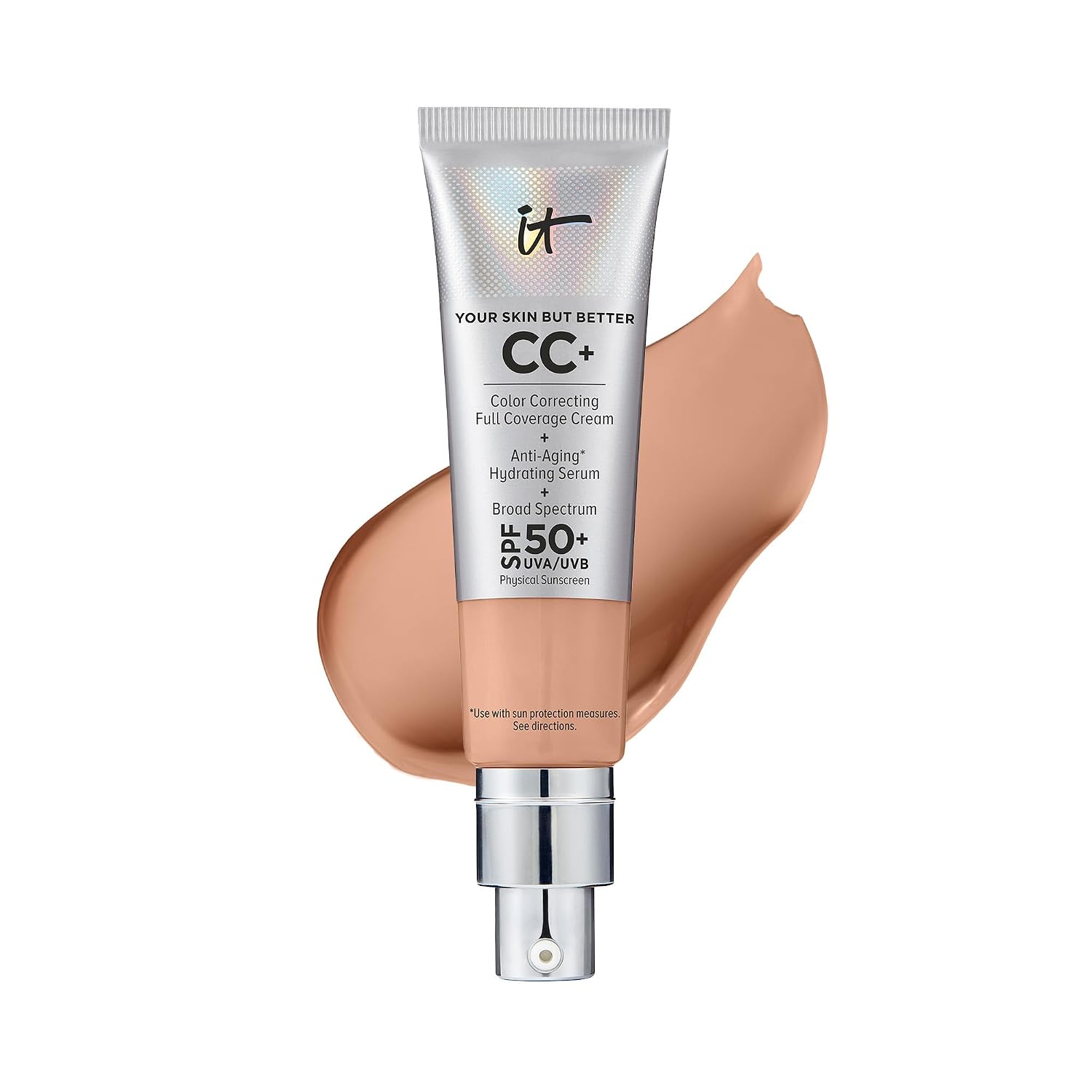 IT Cosmetics CC+ Cream - Natural Full Coverage Foundation With SPF 50+, Color Corrector & Anti-Aging Hydrating Serum, Hyaluronic Acid + Peptides, Lightweight Up To 24H Wear, All Skin Types- 1.08 fl oz