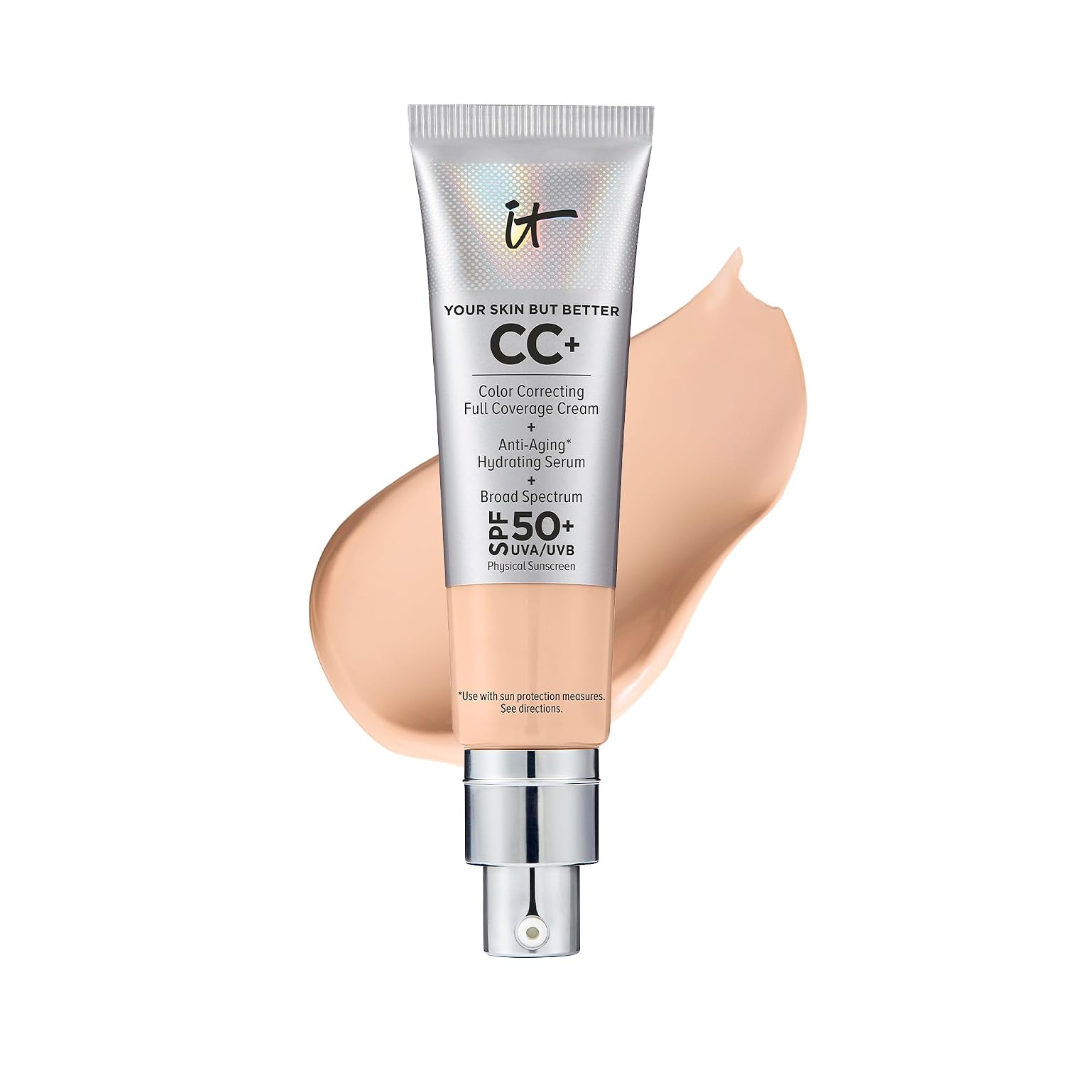 IT Cosmetics CC+ Cream - Natural Full Coverage Foundation With SPF 50+, Color Corrector & Anti-Aging Hydrating Serum, Hyaluronic Acid + Peptides, Lightweight Up To 24H Wear, All Skin Types- 1.08 fl oz