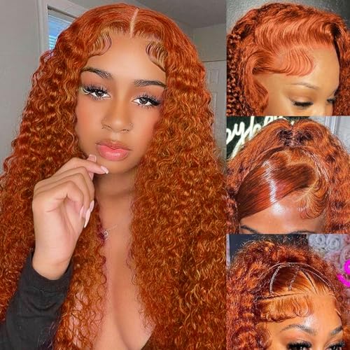 22 Inch Ginger Lace Front Wigs Human Hair Deep Wave 13x4 HD Transparent Full Lace Frontal Wig Human Hair for Women 180% Density 350# Orange Colored Glueless Deep Curly Wigs Human Hair Pre Plucked