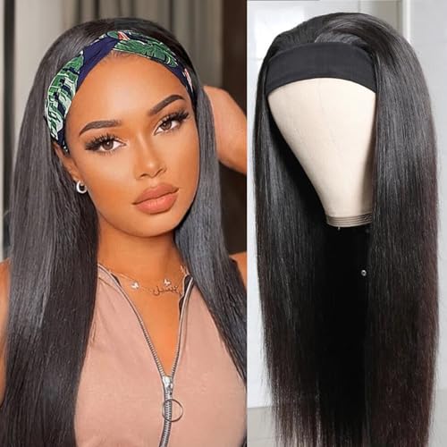 Straight Headband Wig Human Hair for Women 16-Inch 180% Density Headband Wigs Glueless Human Hair Wig(Straight, Natural Black)
