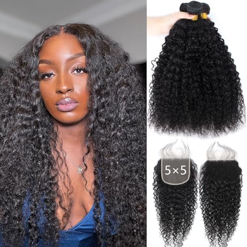 12A Curly Bundles Human Hair with 5x5 Hd Lace Closure (18 20 22+16") 100% Unprocessed Virgin Brazilian Kinky Curly Human Hair Weave Bundles with Closure Natural Color
