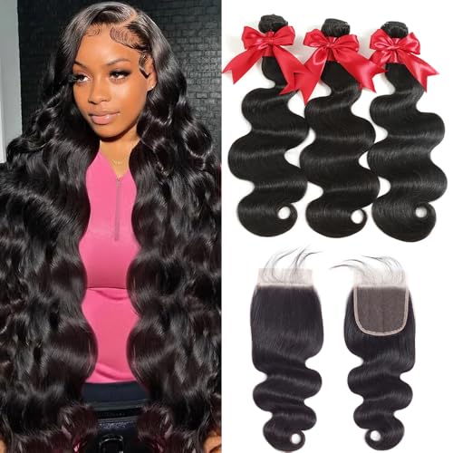 12A Human Hair Bundles with Closure 16 18 20 with 14 Inch Brazilian Body Wave 3 Bundles Human Hair with 4x4 HD Lace Closure 100% Unprocessed Virgin Human Hair Weave