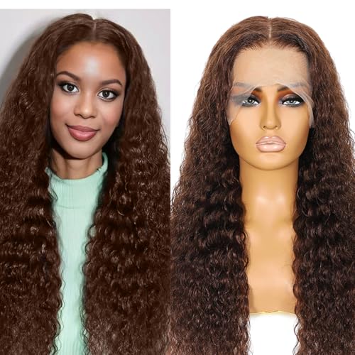 Chocolate Brown Deep Wave Lace Front Wigs Human Hair 13x6 Hd Lace Curly Lace Frontal Wigs for Black Women Pre Plucked Glueless 4# Brown Colored (28 Inch)