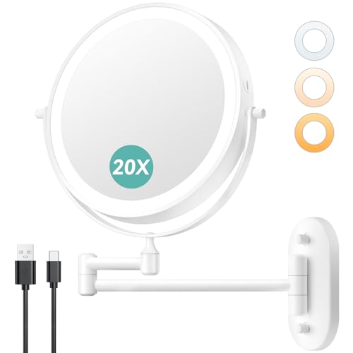 1X/20X Wall Mounted Makeup Mirror with Light, 8" Rechargeable Double-Sided Magnifying Mirror, Vanity Mirror Dimmable 3 Color Light, 360 Extension Rotation Foldable 14.5 Inch Arm for Bathroom