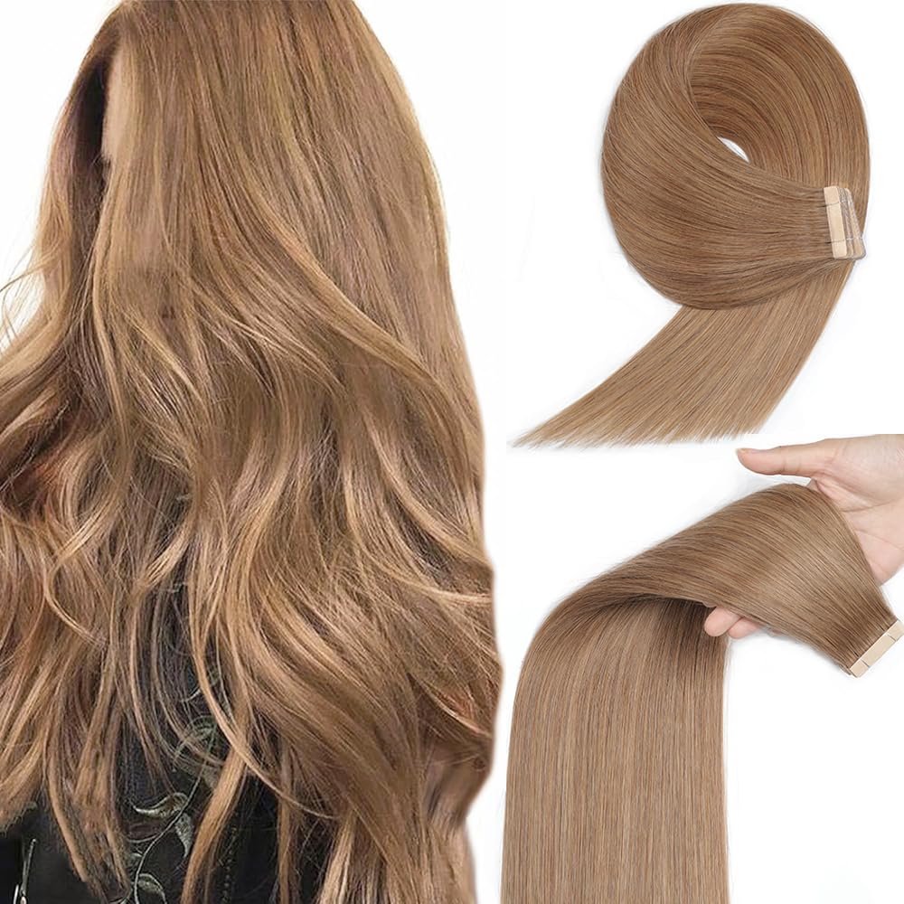 YDDM 20 Inch Tape in Hair Extensions Human Hair Light Brown, 20pcs 100% Remy Human Hair Straight Seamless Invisible Tape in Hair Extensions(30#, 20 Inch)