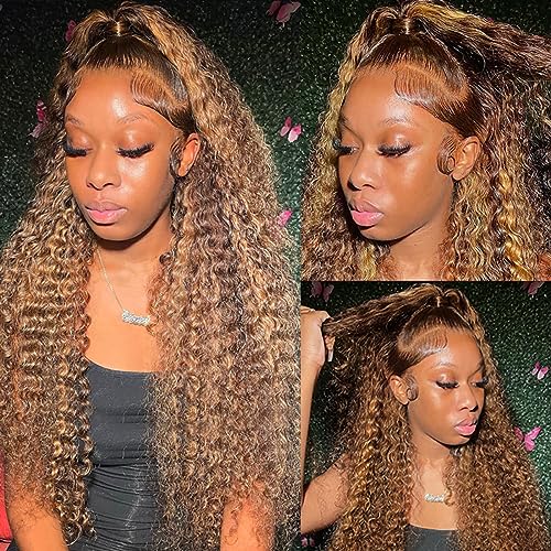 Highlight Lace Front Wig Human Hair 13x6 Deep Wave Wig Brazilian Ombre Honey Blonde Color Wig Human Hair Pre Plucked with Baby Hair Wet and Wavy Deep Curly Wigs for Black Women 180% Density (24 Inch)