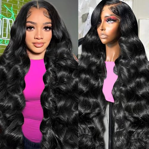 13x6 Body Wave Lace Front Wigs Human Hair Pre Plucked 24 Inch 200% Density HD Transparent Lace Frontal Wigs Human Hair for Women Glueless Wigs Natural Black Color