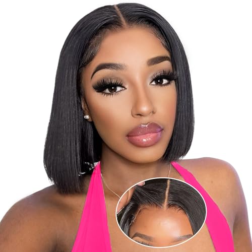 AISI Bob Wig Human Hair Glueless Wigs Human Hair Pre Plucked Pre Cut 4x4 HD Lace Front Put On and Go Glueless Wigs Human Hair 180% Density Short Straight Bob Wigs for Black Women 8 inch