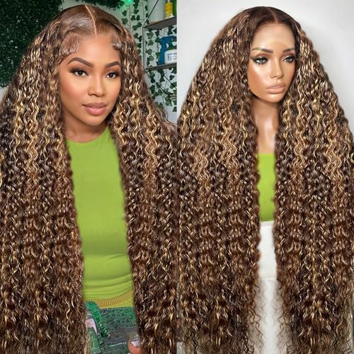 Ombre Highlight Lace Front Wig Human Hair 200 Density Deep Wave 13x6 HD Lace Front Wigs Human Hair P4/27 Honey Blonde Curly Wig for Women Pre Plucked with Natural Hairline (28 Inch)
