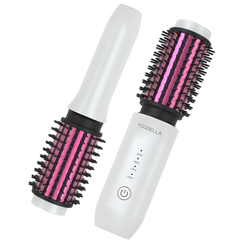 Cordless Hair Curling Iron Brush, Mini Travel Hot Straightener Comb, 3-in-1 Portable Wave Curling Wand, 1.5 Ionic Heated Brush, USB Rechargeable Hair Curler, White  No Automatic Rotation