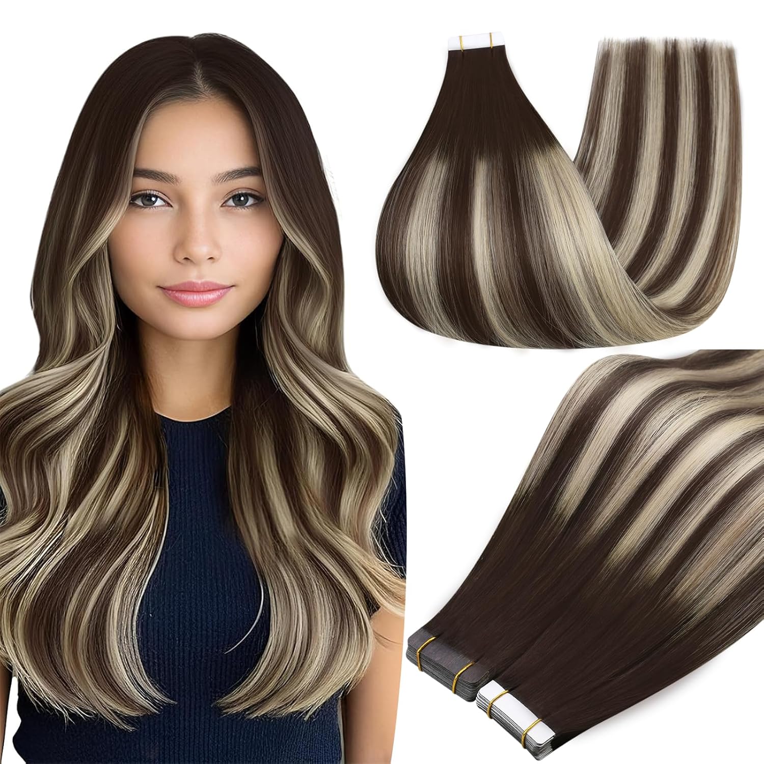 Full Shine Remy Tape in Hair Extensions Real Human Hair Color 2/60/2 Brown Ombre Blonde Highlight Brown Human Hair Extensions Tape in 20Inch Long Straight Hair Extension 50G 20Pcs