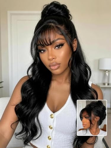 Beauty Forever 13x4 Pre Everything Lace Frontal Glueless Wigs Human Hair Pre Plucked Pre Cut Black Fluffy Natural Loose Wave Curtain Bangs Wig Ready to Wear Wig for Women 150% Density 20 Inch