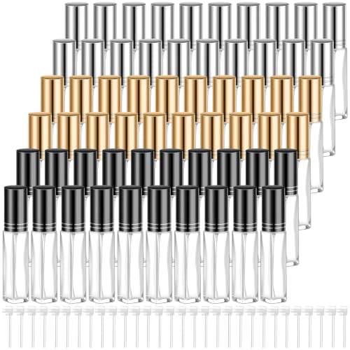 Domensi 60 Pcs 10 ml Empty Glass Perfume Bottles Bulk - Gold,Silver,Black Refillable Cologne Spray Atomizer with Pump, for Travel, Skincare, Haircare, Cleaning & DIY Essentials