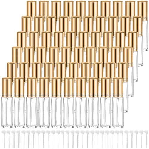 Domensi 60 Pcs 10 ml Empty Glass Perfume Bottles Bulk - Gold Refillable Cologne Spray Atomizer with Pump, for Travel, Skincare, Haircare, Cleaning & DIY Essentials